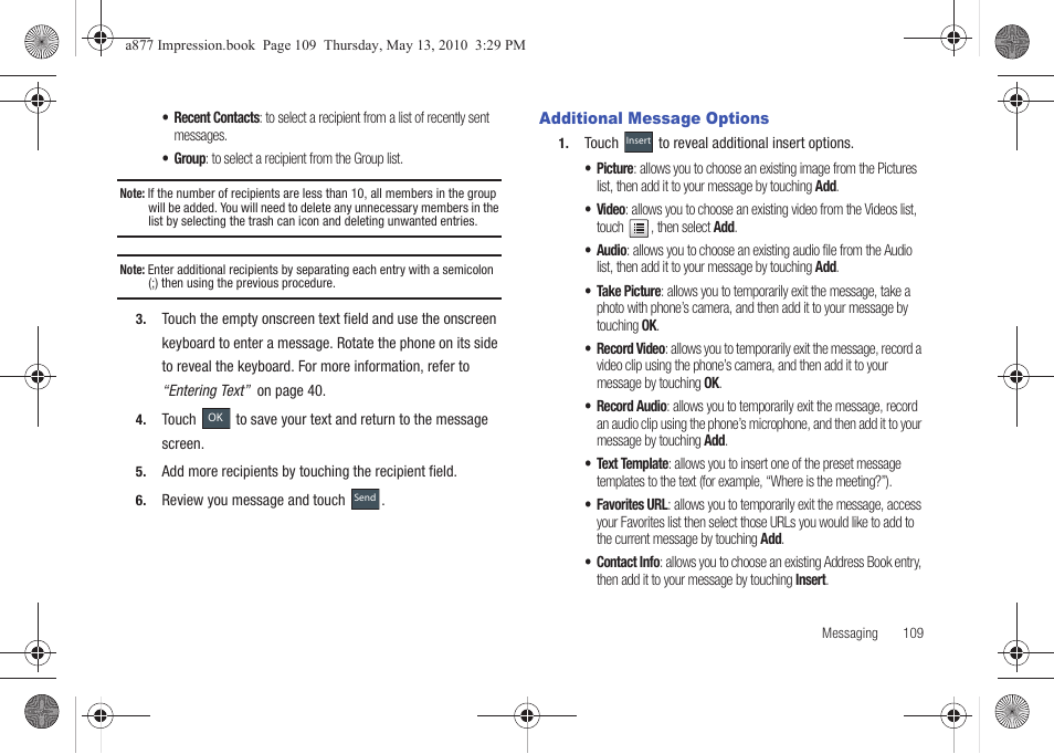 Additional message options | Samsung SGH-A877RBZATT User Manual | Page 113 / 230