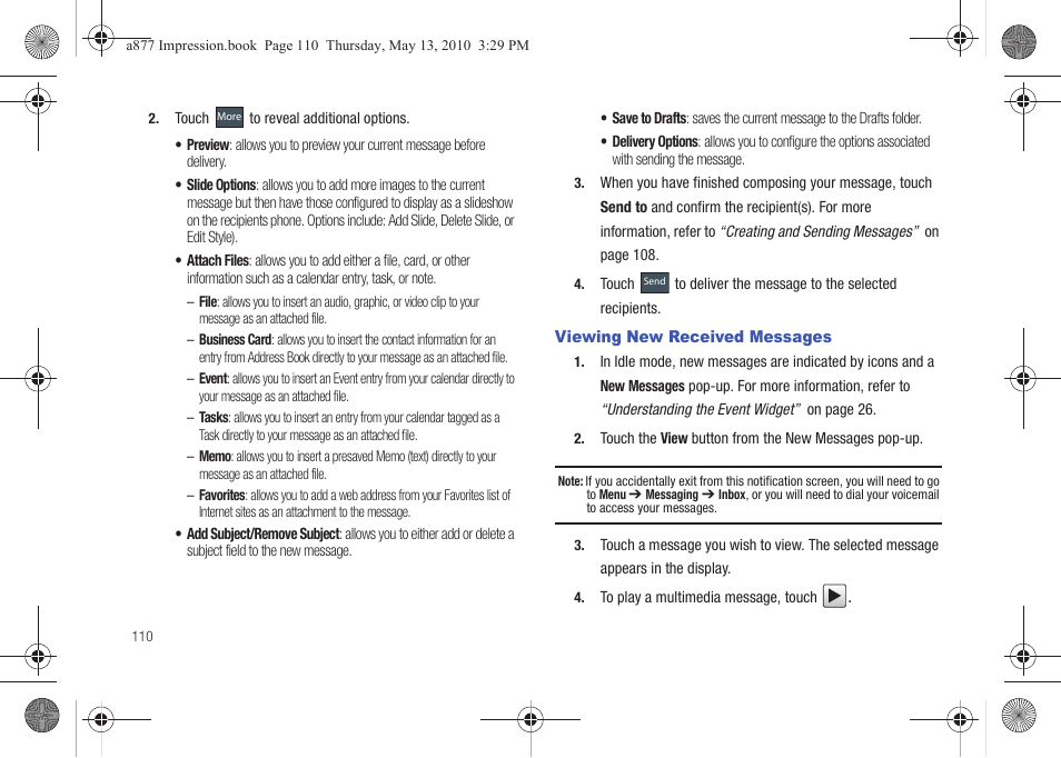 Viewing new received messages | Samsung SGH-A877RBZATT User Manual | Page 114 / 230