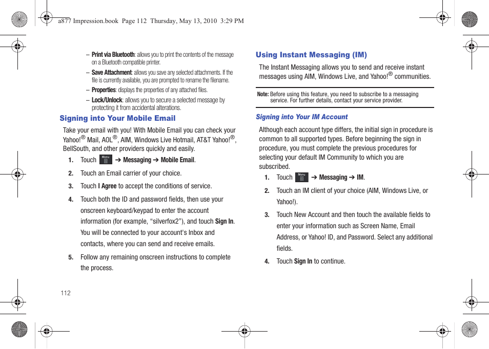 Signing into your mobile email, Using instant messaging (im) | Samsung SGH-A877RBZATT User Manual | Page 116 / 230