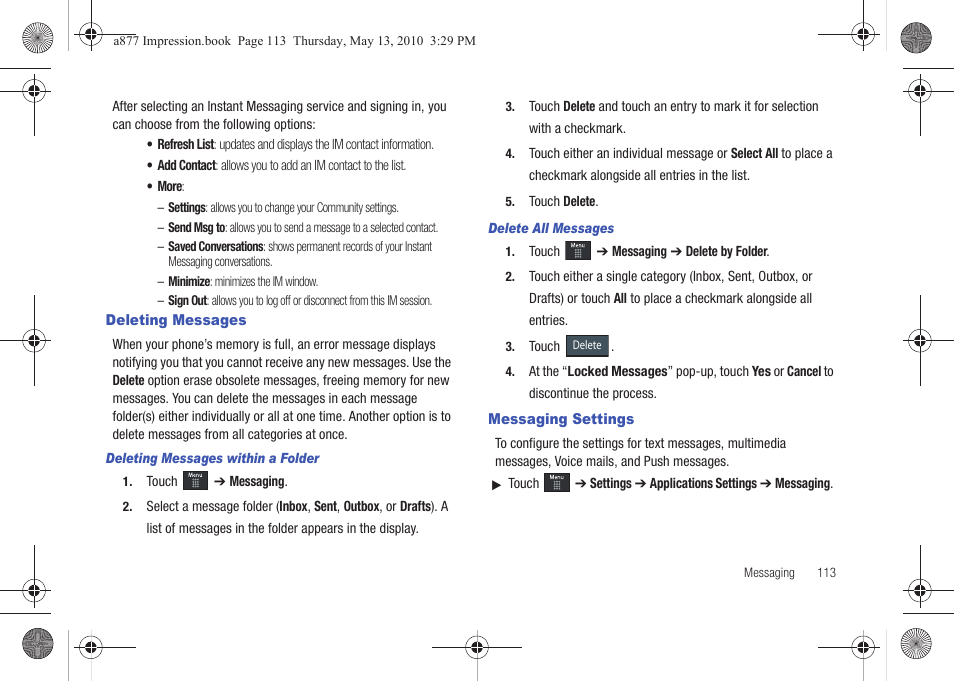 Deleting messages, Messaging settings, Deleting messages messaging settings | Samsung SGH-A877RBZATT User Manual | Page 117 / 230