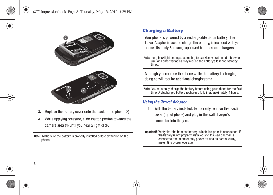 Charging a battery | Samsung SGH-A877RBZATT User Manual | Page 12 / 230