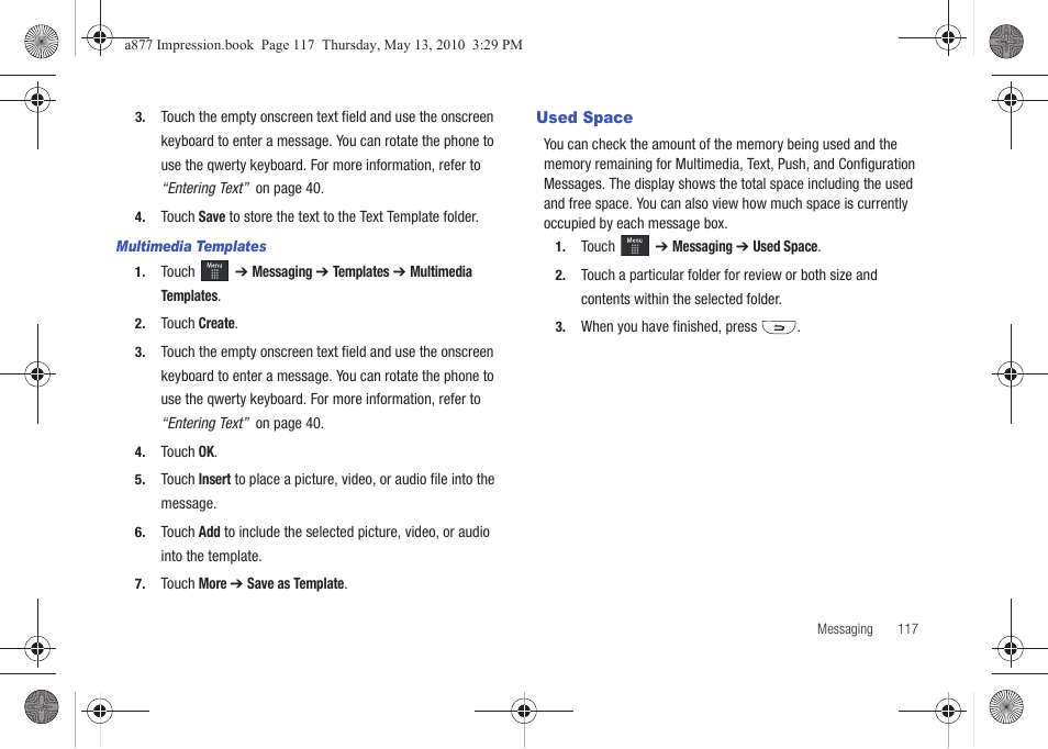 Used space | Samsung SGH-A877RBZATT User Manual | Page 121 / 230