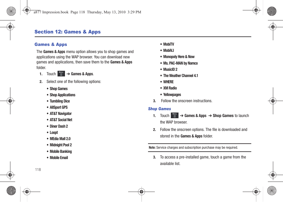 Section 12: games & apps, Games & apps | Samsung SGH-A877RBZATT User Manual | Page 122 / 230