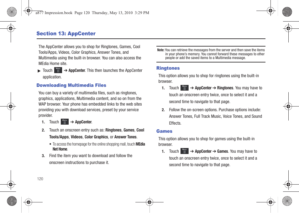 Section 13: appcenter, Downloading multimedia files, Ringtones | Games, Downloading multimedia files ringtones | Samsung SGH-A877RBZATT User Manual | Page 124 / 230