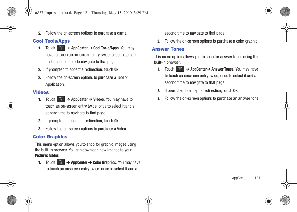 Cool tools/apps, Videos, Color graphics | Answer tones, Cool tools/apps videos color graphics answer tones | Samsung SGH-A877RBZATT User Manual | Page 125 / 230