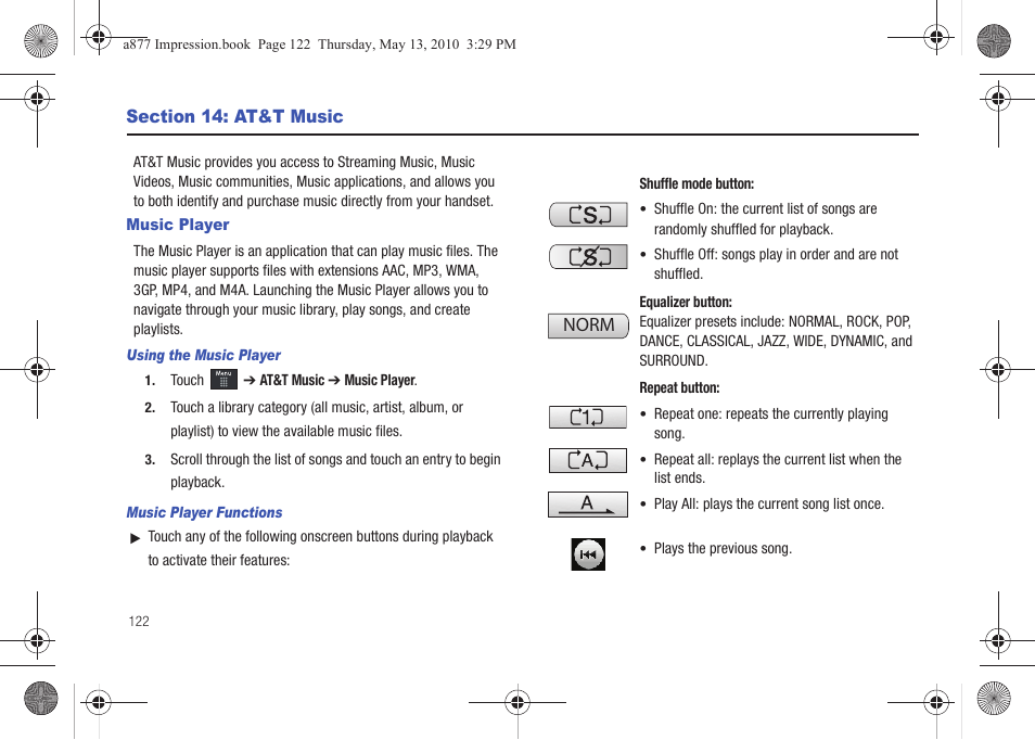 Section 14: at&t music, Music player | Samsung SGH-A877RBZATT User Manual | Page 126 / 230