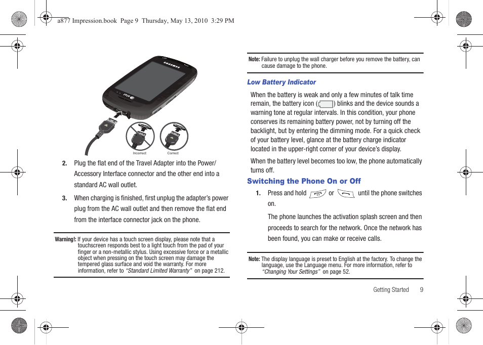 Switching the phone on or off | Samsung SGH-A877RBZATT User Manual | Page 13 / 230