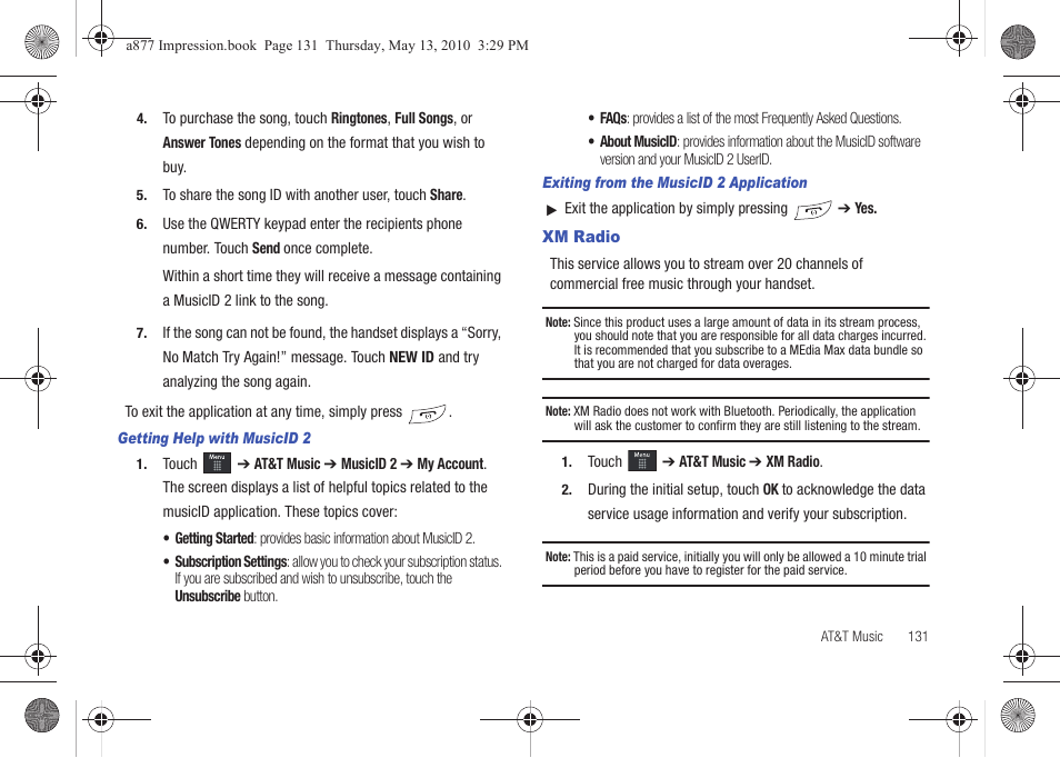 Xm radio | Samsung SGH-A877RBZATT User Manual | Page 135 / 230