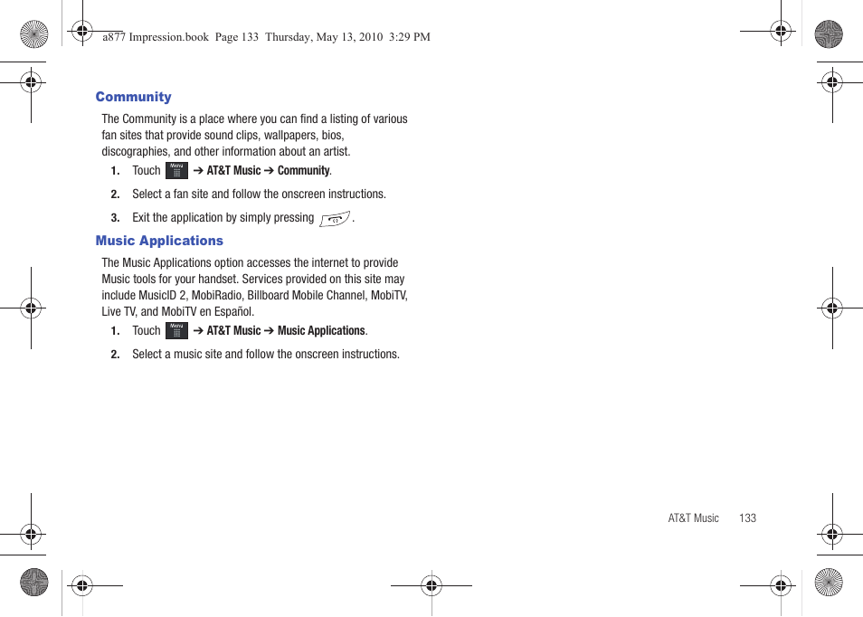 Community, Music applications, Community music applications | Samsung SGH-A877RBZATT User Manual | Page 137 / 230