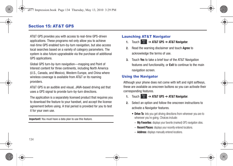 Section 15: at&t gps, Launching at&t navigator, Using the navigator | Launching at&t navigator using the navigator | Samsung SGH-A877RBZATT User Manual | Page 138 / 230