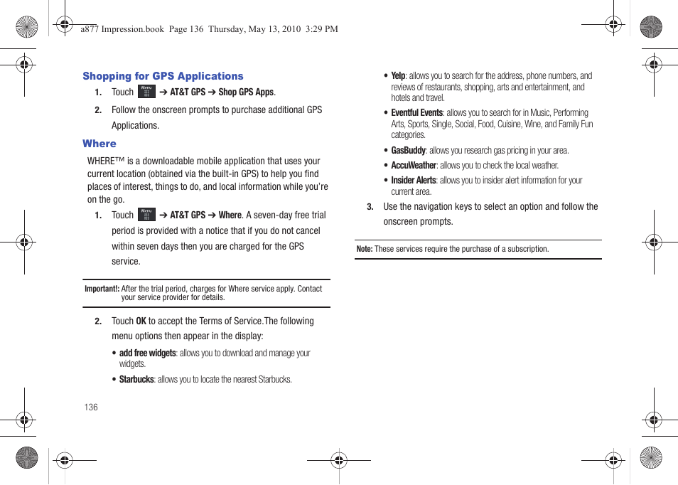 Shopping for gps applications, Where, Shopping for gps applications where | Samsung SGH-A877RBZATT User Manual | Page 140 / 230