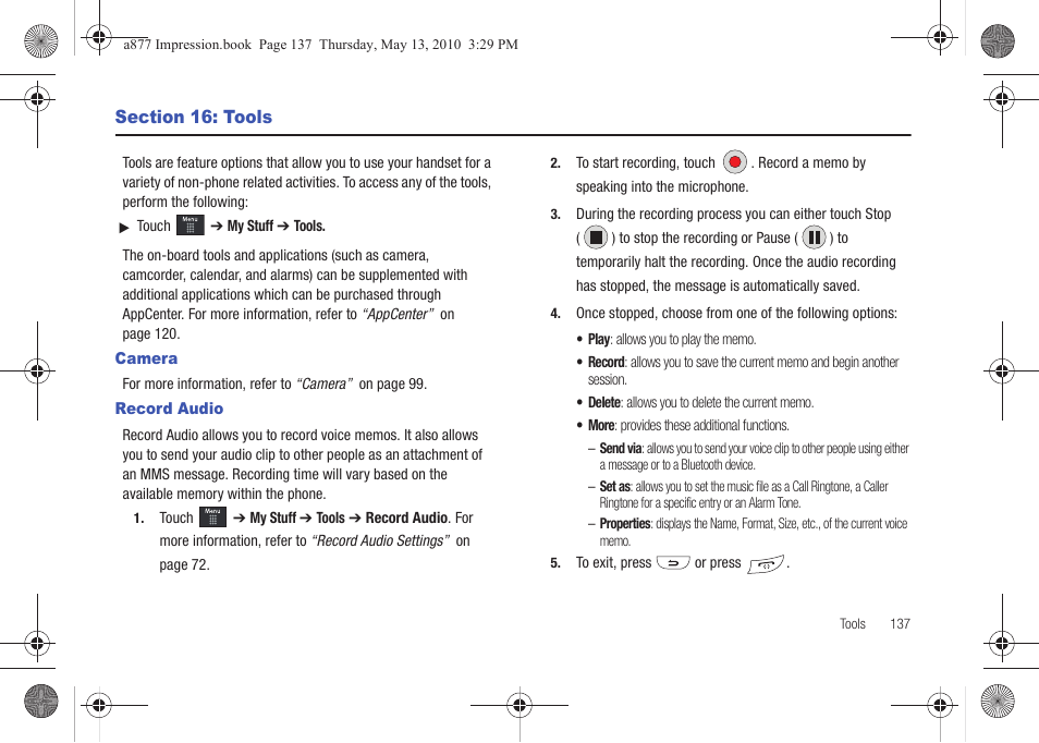 Section 16: tools, Camera, Record audio | Camera record audio | Samsung SGH-A877RBZATT User Manual | Page 141 / 230