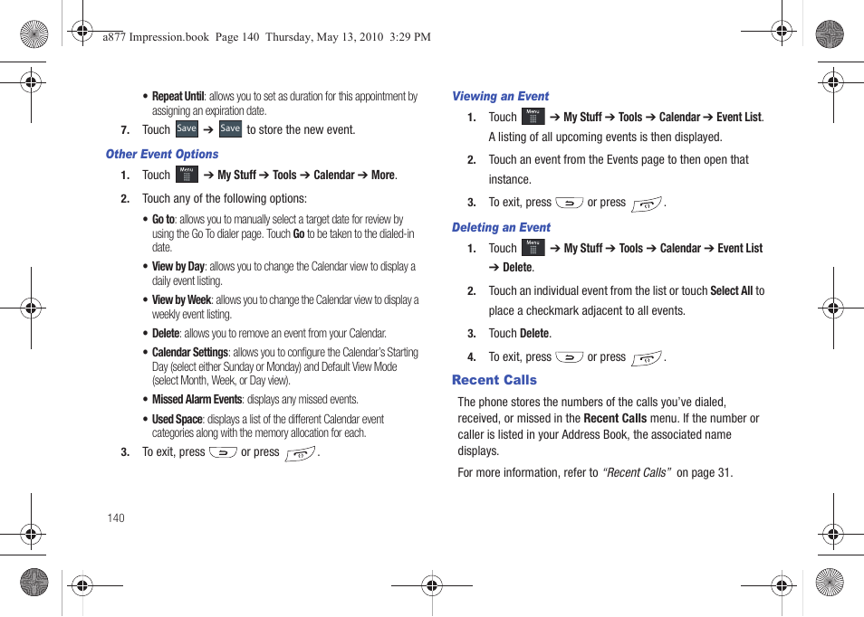 Recent calls | Samsung SGH-A877RBZATT User Manual | Page 144 / 230