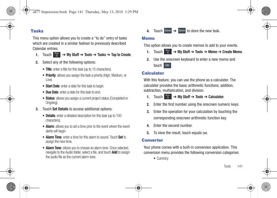 Tasks, Memo, Calculator | Converter, Tasks memo calculator converter | Samsung SGH-A877RBZATT User Manual | Page 145 / 230