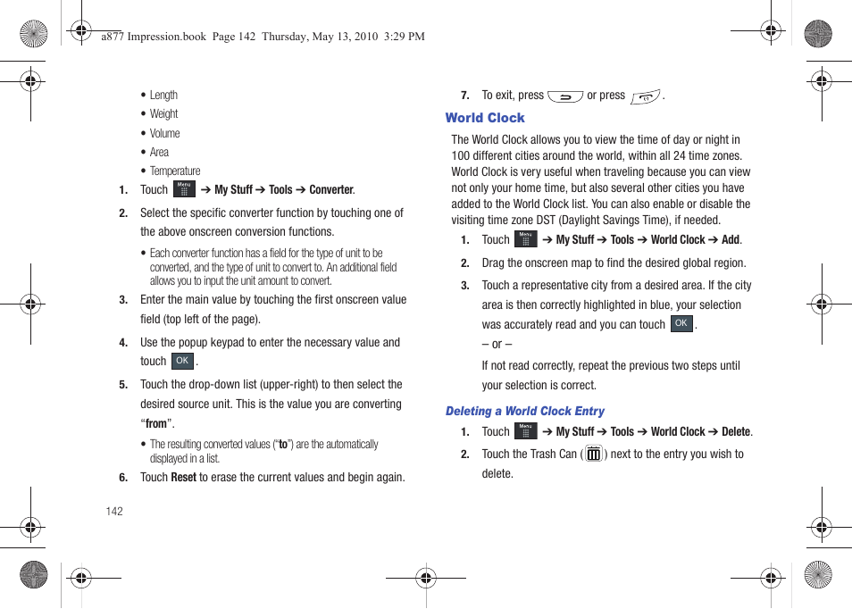 World clock | Samsung SGH-A877RBZATT User Manual | Page 146 / 230