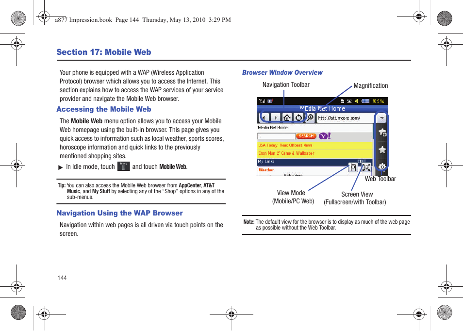 Section 17: mobile web, Accessing the mobile web, Navigation using the wap browser | Samsung SGH-A877RBZATT User Manual | Page 148 / 230