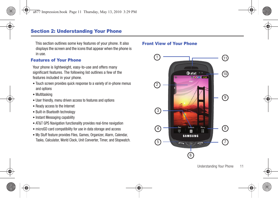 Section 2: understanding your phone, Features of your phone, Front view of your phone | Features of your phone front view of your phone | Samsung SGH-A877RBZATT User Manual | Page 15 / 230