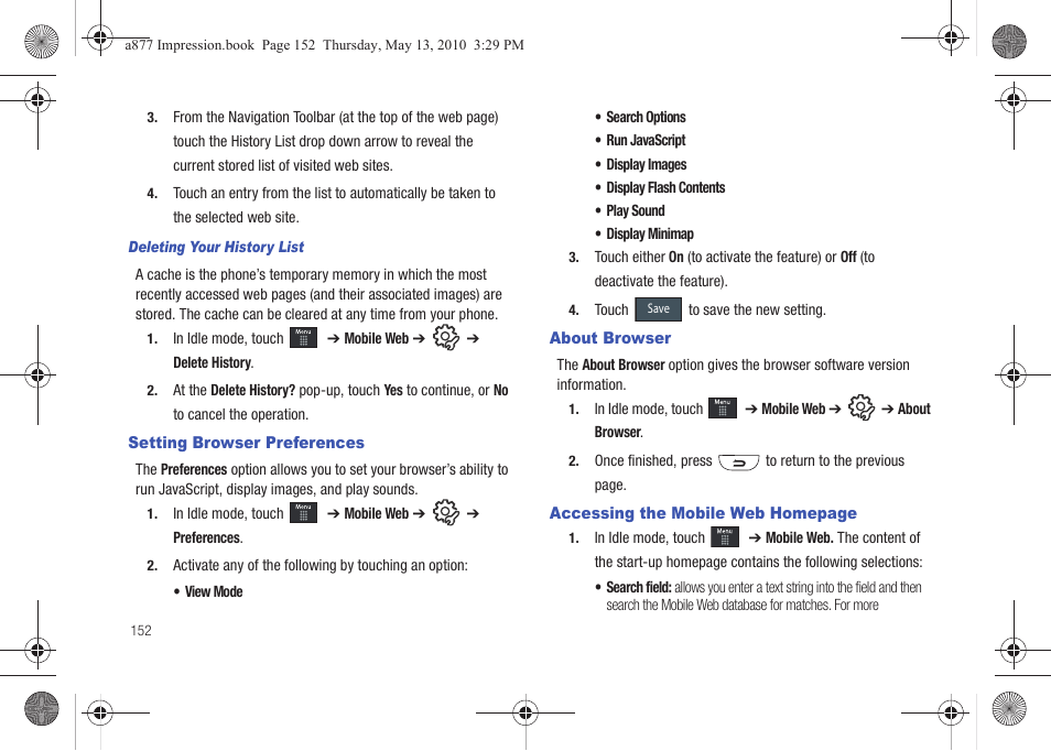 Setting browser preferences, About browser | Samsung SGH-A877RBZATT User Manual | Page 156 / 230