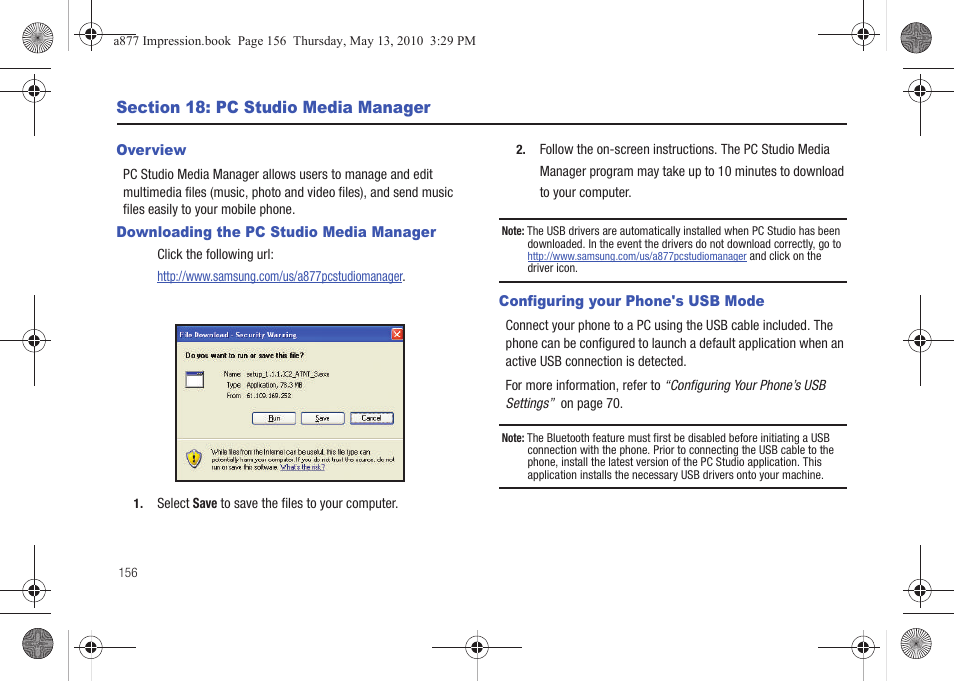 Section 18: pc studio media manager, Overview, Downloading the pc studio media manager | Configuring your phone's usb mode | Samsung SGH-A877RBZATT User Manual | Page 160 / 230