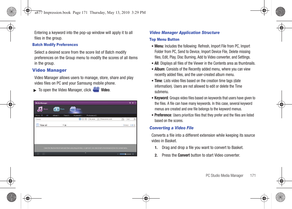 Video manager | Samsung SGH-A877RBZATT User Manual | Page 175 / 230