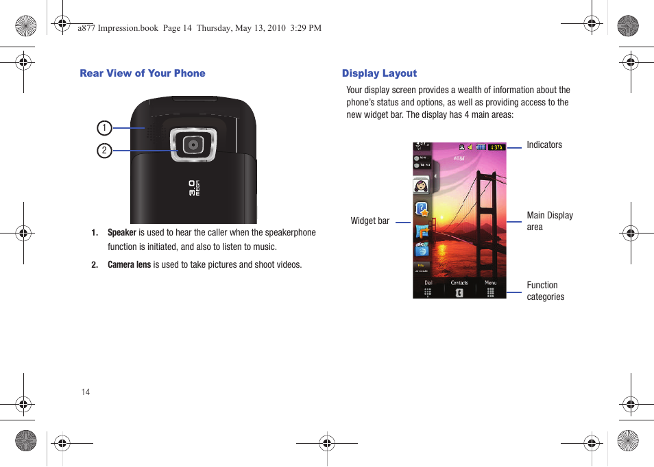 Rear view of your phone, Display layout, Rear view of your phone display layout | Samsung SGH-A877RBZATT User Manual | Page 18 / 230