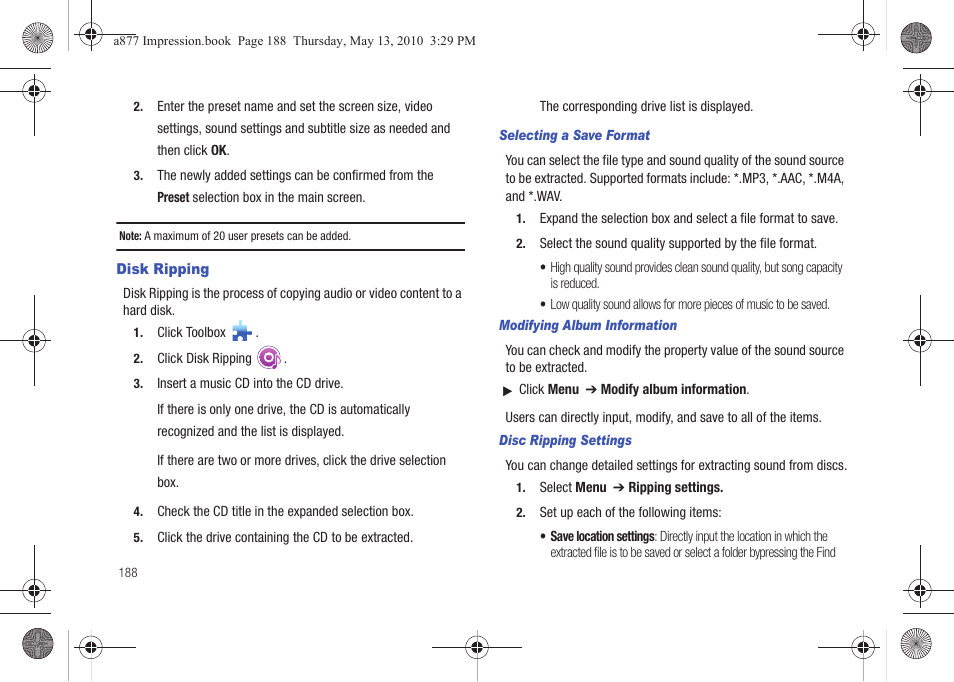 Disk ripping, For more information, refer to “disk ripping” on | Samsung SGH-A877RBZATT User Manual | Page 192 / 230