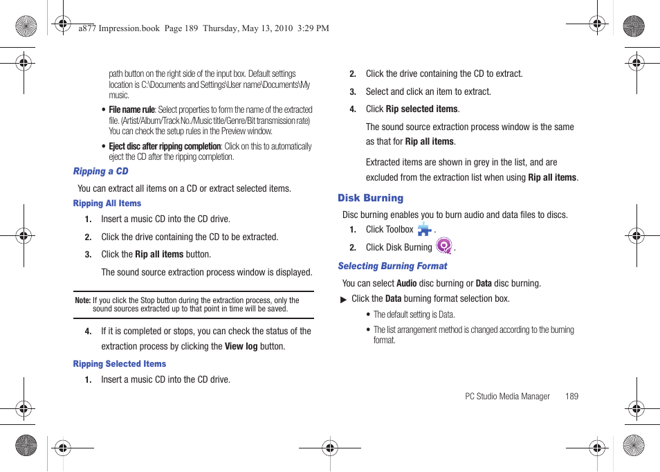 Disk burning, For more information, refer to “disk burning” on | Samsung SGH-A877RBZATT User Manual | Page 193 / 230