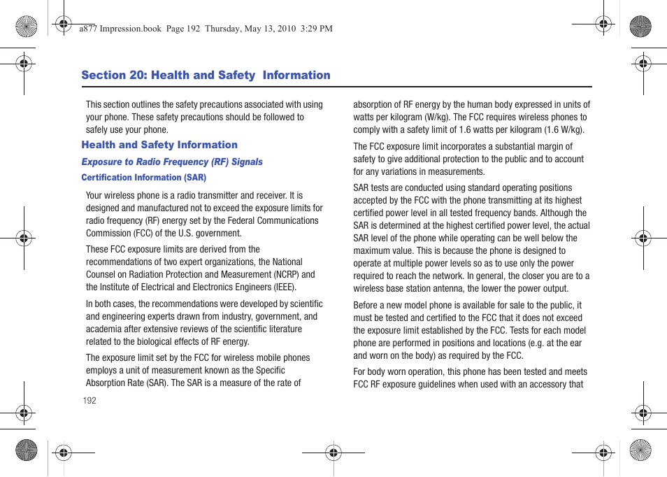 Section 20: health and safety information, Health and safety information | Samsung SGH-A877RBZATT User Manual | Page 196 / 230