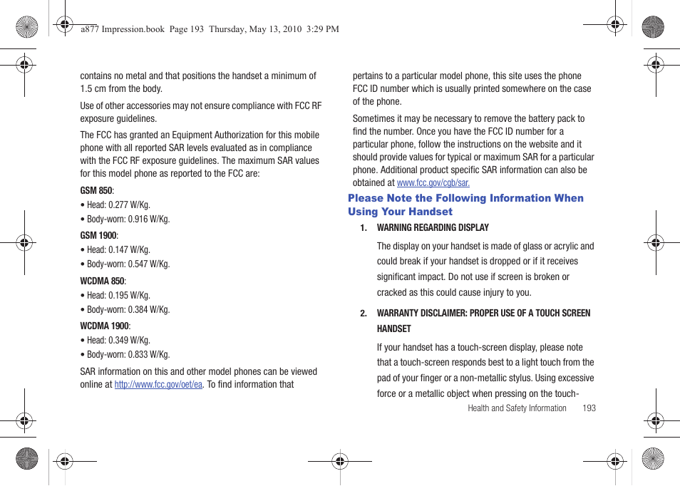 Please note the following information when using, Your handset | Samsung SGH-A877RBZATT User Manual | Page 197 / 230