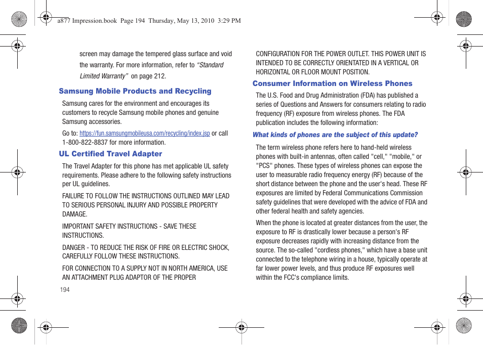 Samsung mobile products and recycling, Ul certified travel adapter, Consumer information on wireless phones | Samsung SGH-A877RBZATT User Manual | Page 198 / 230