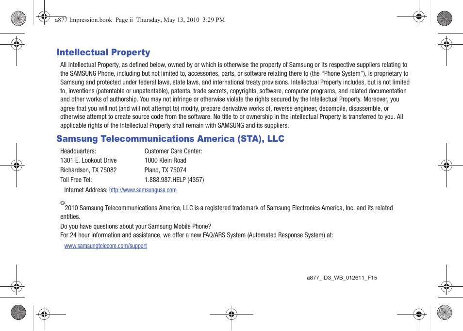 Intellectual property, Samsung telecommunications america (sta), llc | Samsung SGH-A877RBZATT User Manual | Page 2 / 230