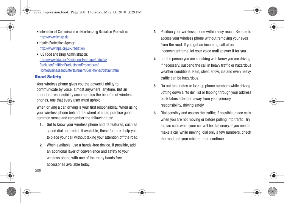 Road safety | Samsung SGH-A877RBZATT User Manual | Page 204 / 230