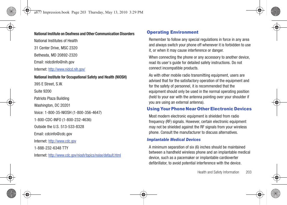 Operating environment, Using your phone near other electronic devices | Samsung SGH-A877RBZATT User Manual | Page 207 / 230