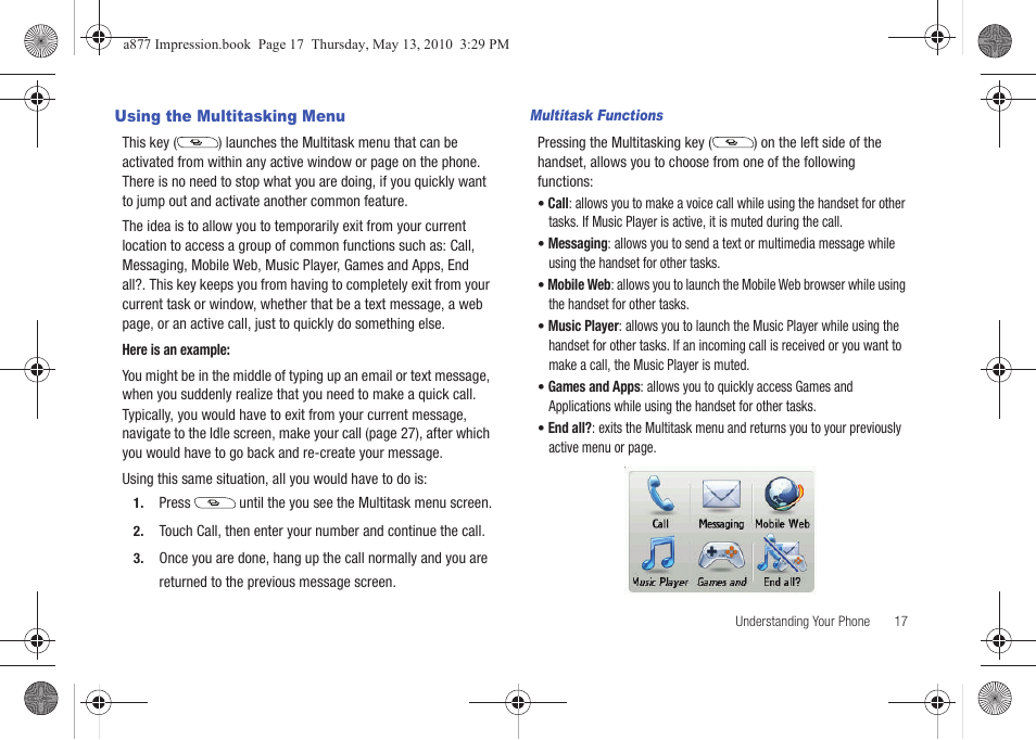 Using the multitasking menu | Samsung SGH-A877RBZATT User Manual | Page 21 / 230