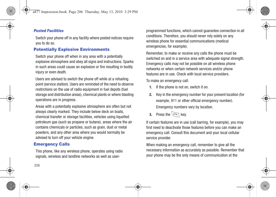 Potentially explosive environments, Emergency calls | Samsung SGH-A877RBZATT User Manual | Page 210 / 230