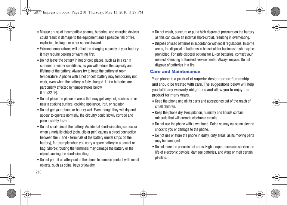 Care and maintenance | Samsung SGH-A877RBZATT User Manual | Page 214 / 230