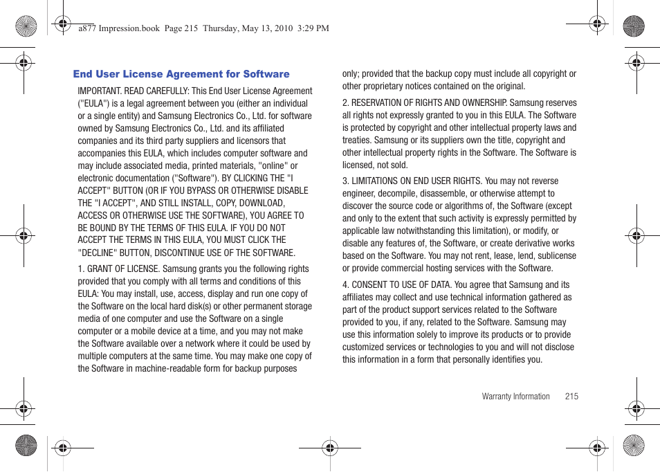 End user license agreement for software | Samsung SGH-A877RBZATT User Manual | Page 219 / 230