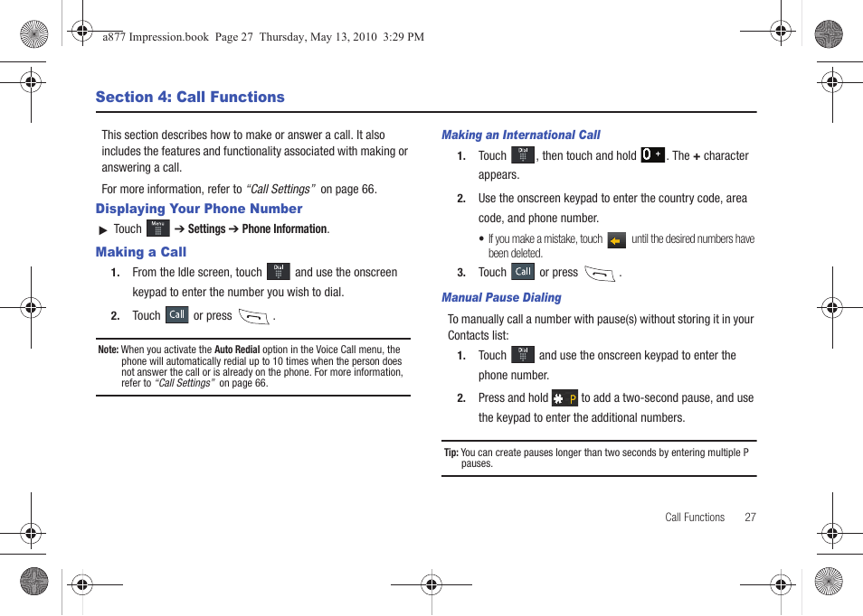 Section 4: call functions, Displaying your phone number, Making a call | Displaying your phone number making a call | Samsung SGH-A877RBZATT User Manual | Page 31 / 230