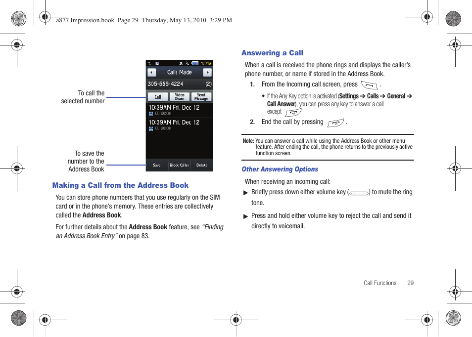 Making a call from the address book, Answering a call | Samsung SGH-A877RBZATT User Manual | Page 33 / 230