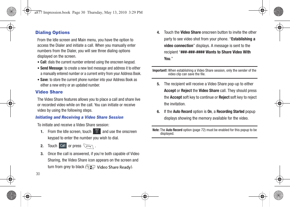 Dialing options, Video share | Samsung SGH-A877RBZATT User Manual | Page 34 / 230
