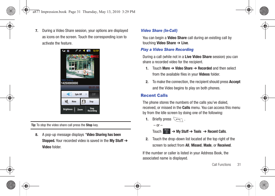 Recent calls | Samsung SGH-A877RBZATT User Manual | Page 35 / 230