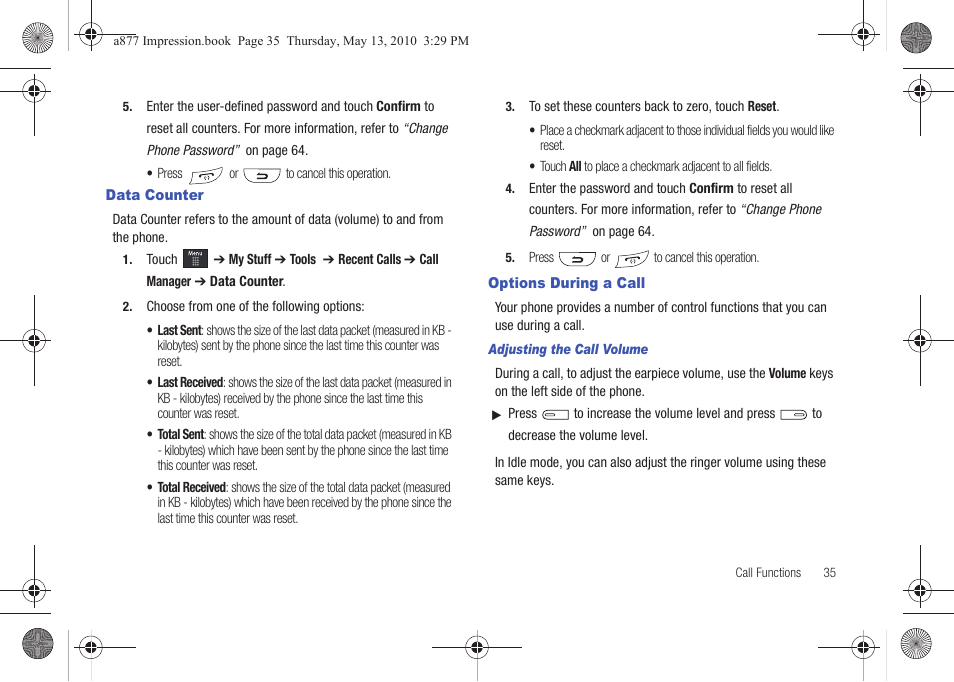 Data counter, Options during a call, Data counter options during a call | Samsung SGH-A877RBZATT User Manual | Page 39 / 230