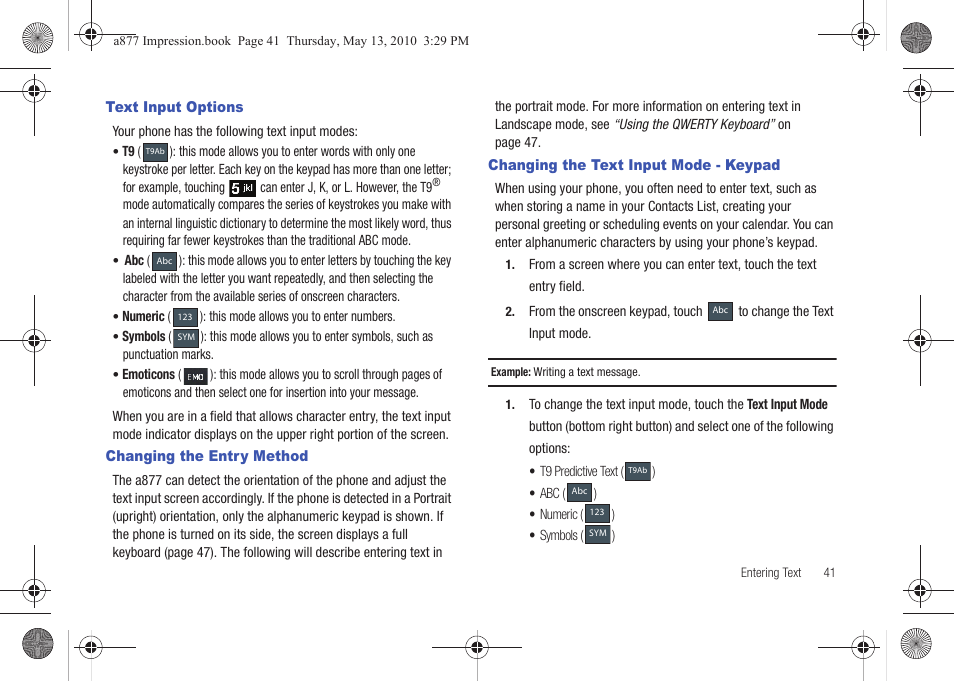 Text input options, Changing the entry method, Changing the text input mode - keypad | Samsung SGH-A877RBZATT User Manual | Page 45 / 230