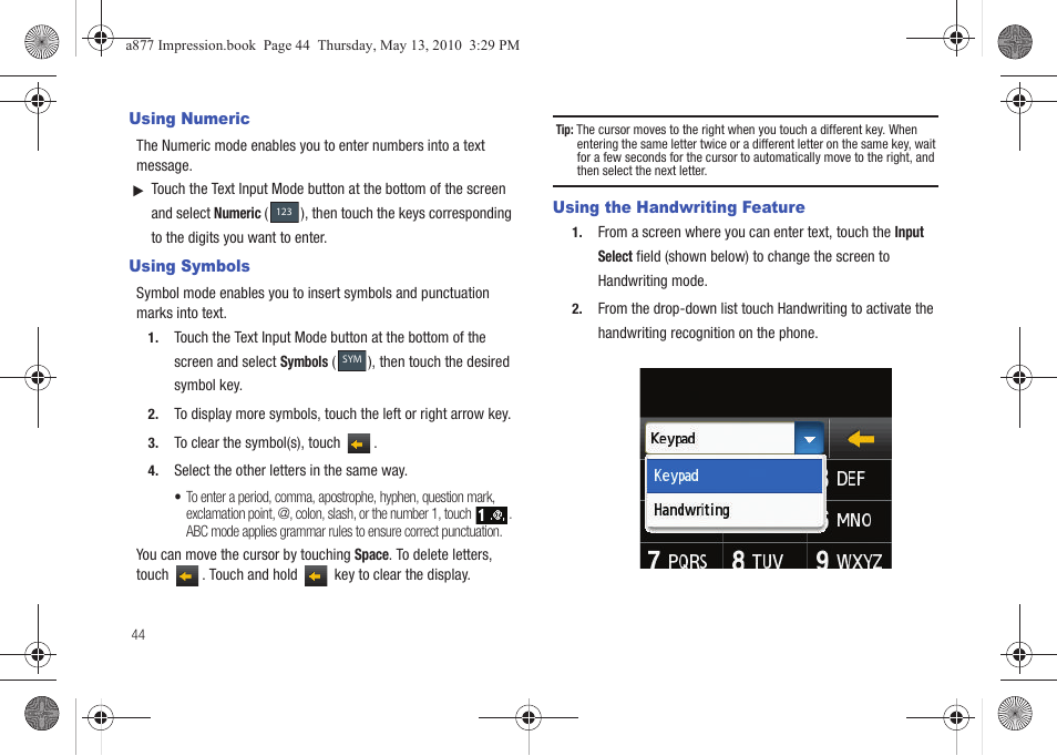 Using numeric, Using symbols, Using the handwriting feature | Samsung SGH-A877RBZATT User Manual | Page 48 / 230