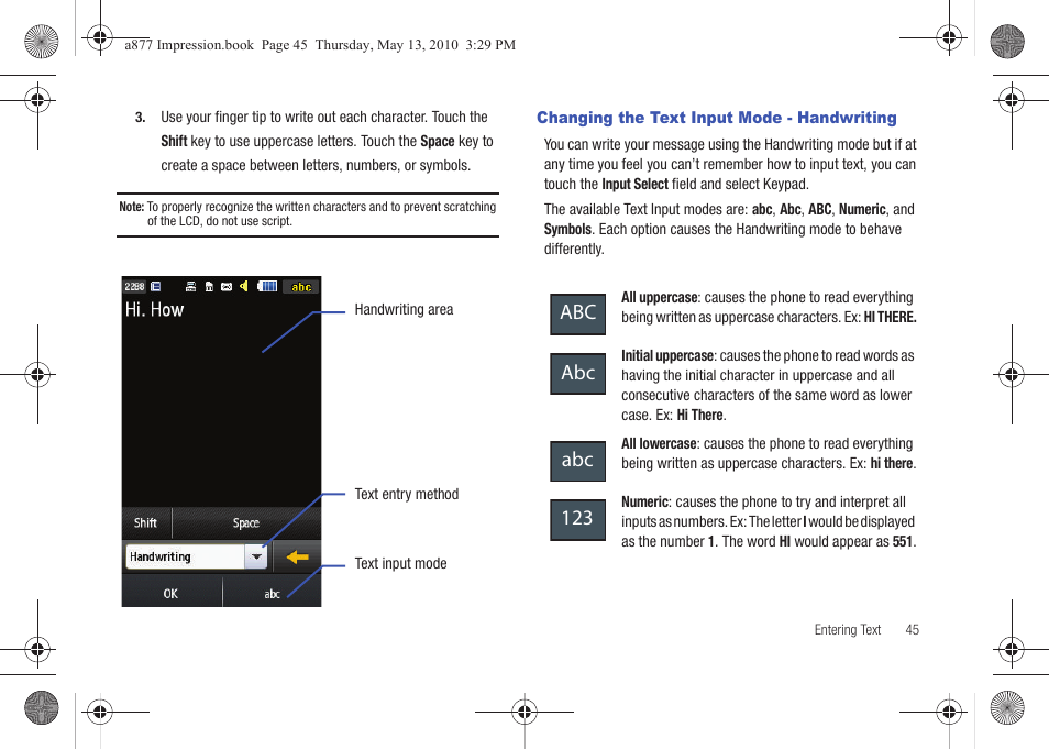 Changing the text input mode - handwriting, Abc abc abc 123 | Samsung SGH-A877RBZATT User Manual | Page 49 / 230
