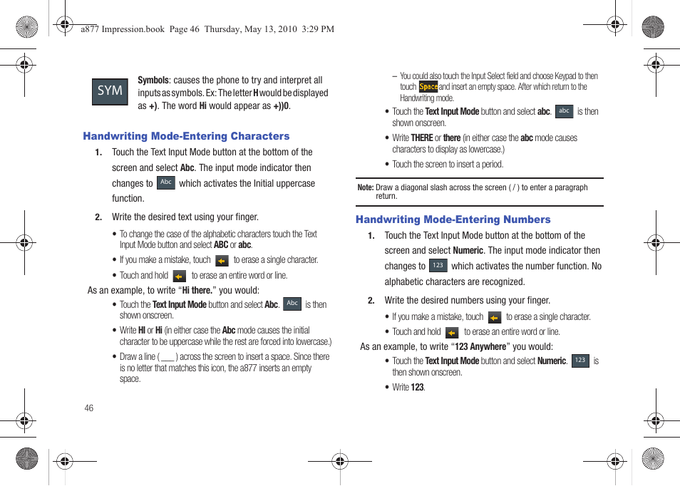 Handwriting mode-entering characters, Handwriting mode-entering numbers | Samsung SGH-A877RBZATT User Manual | Page 50 / 230