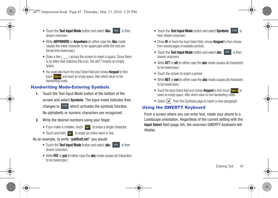 Handwriting mode-entering symbols, Using the qwerty keyboard | Samsung SGH-A877RBZATT User Manual | Page 51 / 230