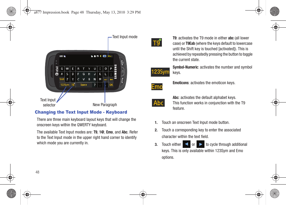 Changing the text input mode - keyboard | Samsung SGH-A877RBZATT User Manual | Page 52 / 230