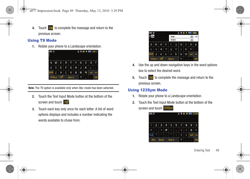 Using t9 mode, Using 123sym mode, Using t9 mode using 123sym mode | Samsung SGH-A877RBZATT User Manual | Page 53 / 230