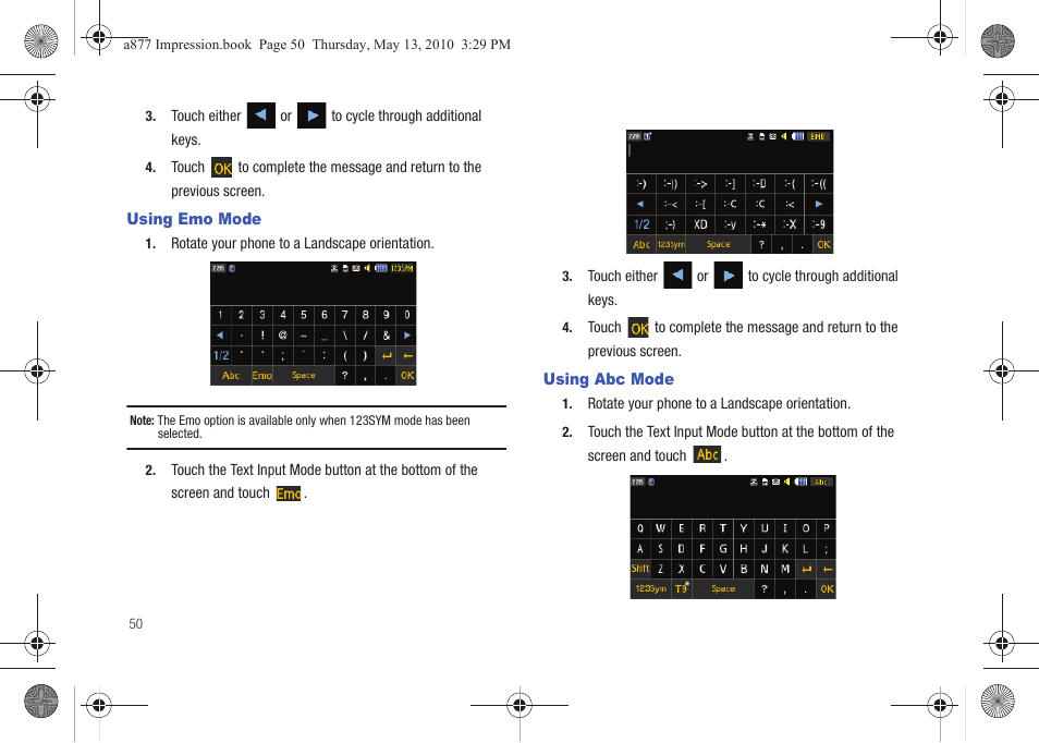 Using emo mode, Using abc mode | Samsung SGH-A877RBZATT User Manual | Page 54 / 230